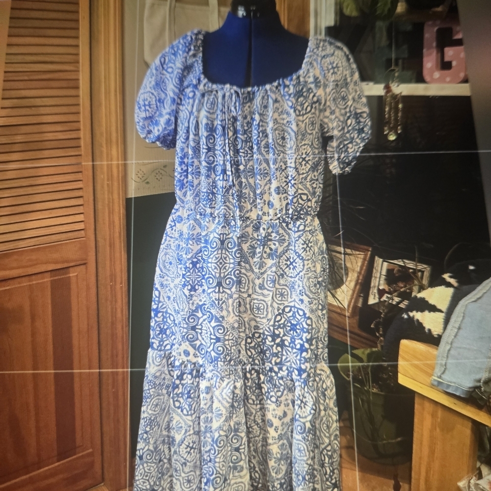 Blue and White Printed Puff-Sleeve Maxi Dress - Picture 6 of 8